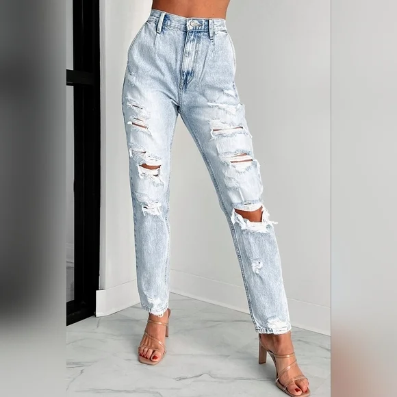 Light Washed Distressed Baggy Kancan Button Fly Denim Jeans - Picture 5 of 7